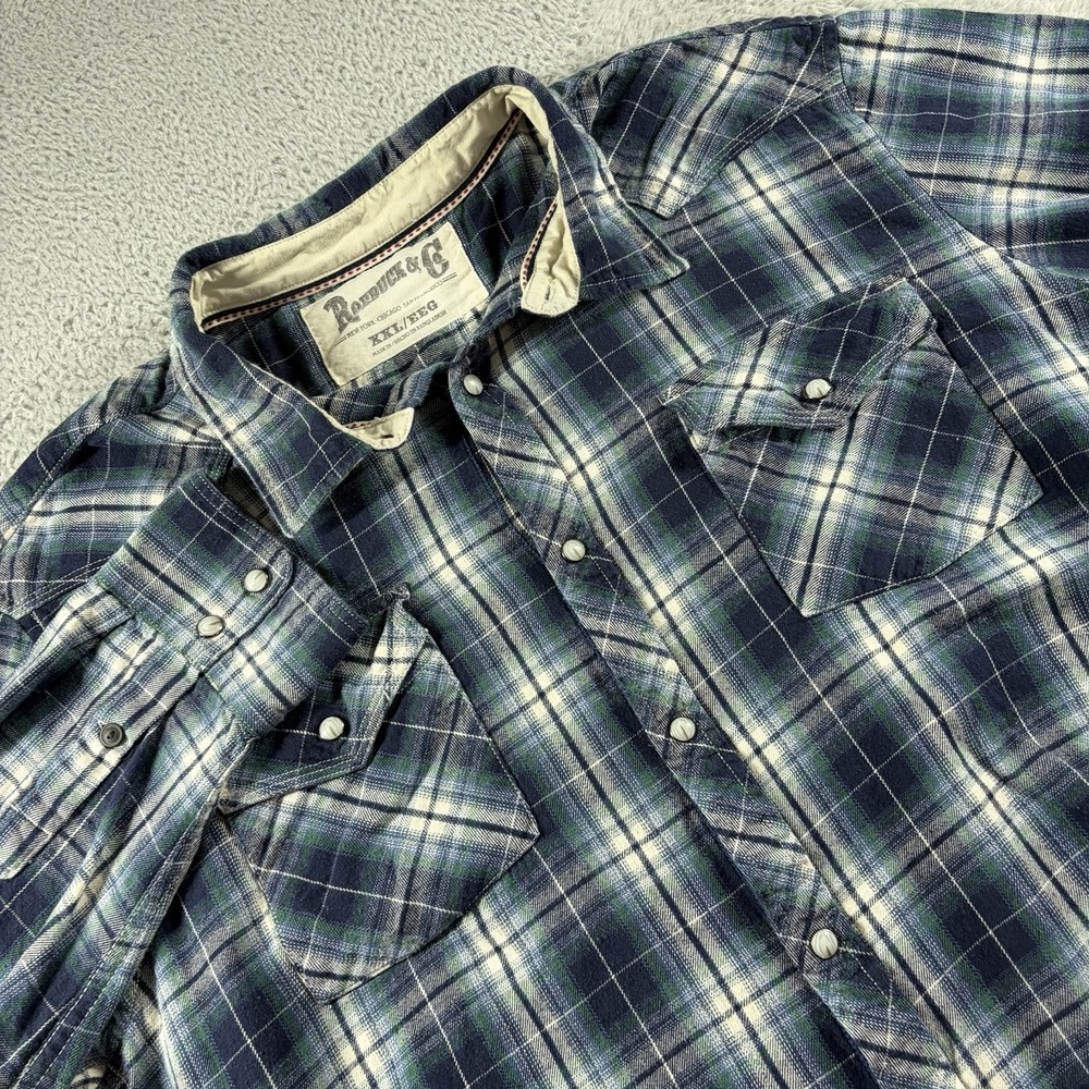 Roebuck Shirt Mens XXL Blue Plaid Flannel Western Pearl Snap Chore Pearl Snap